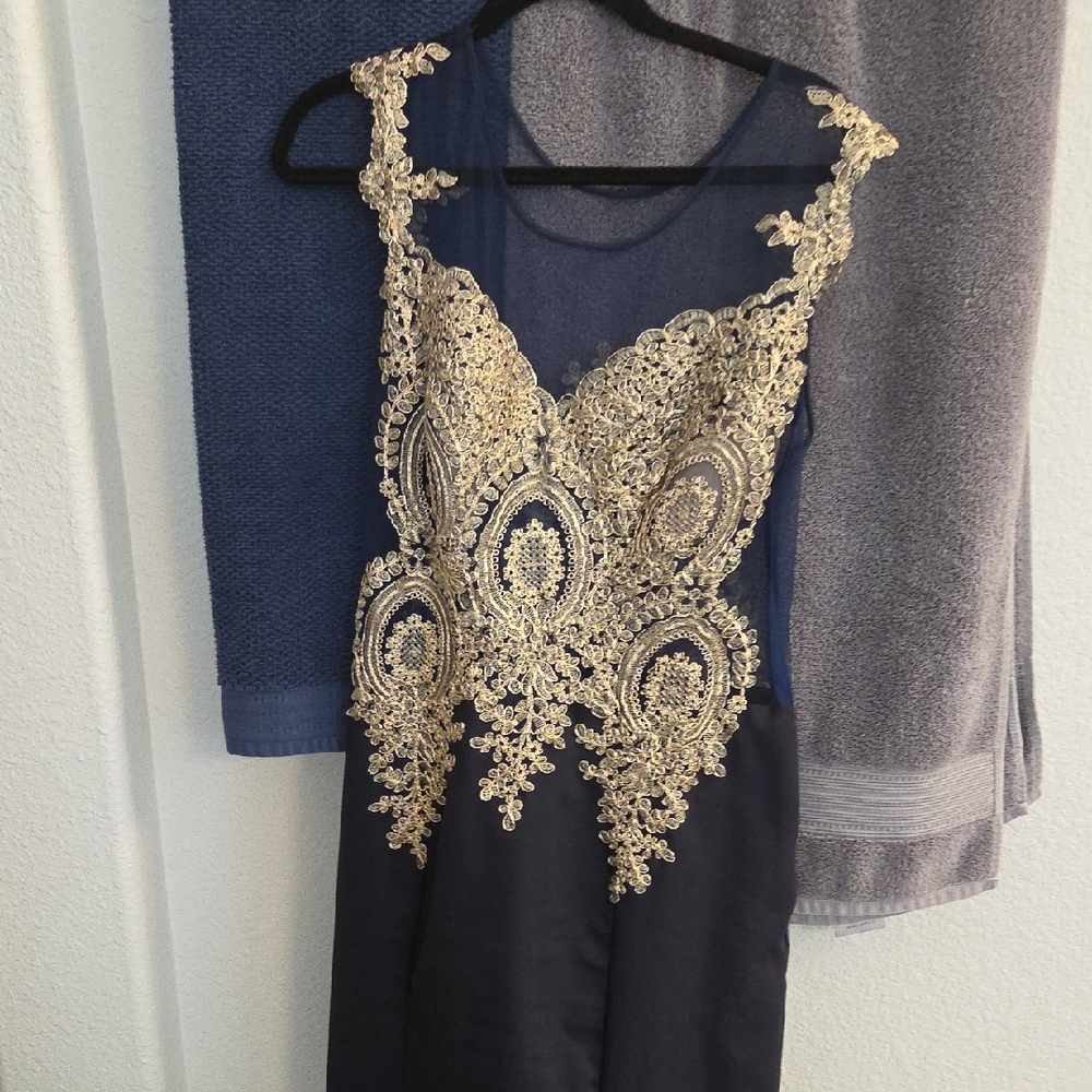 Elegant Navy Dress with Gold Embroidery
